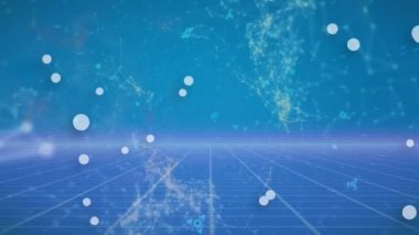 Animation of network of connections over grid network against blue background. Global networking and business technology concept