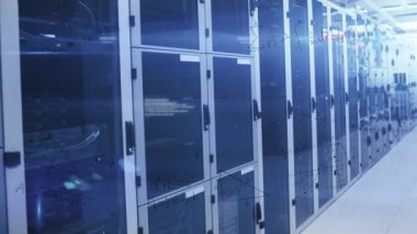 Animation of mathematical equations and data processing over server room. Global technology, computing and digital interface concept digitally generated video.