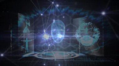 Animation of network of connections over data processing on black background. global technology, data processing and connections concept digitally generated video.