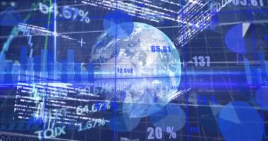 Animation of data processing over globe and binary coding. Global networks, computing, data processing and digital interface concept digitally generated video.