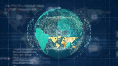 Animation of world map over data processing and globe. global business, computing and digital interface concept digitally generated video.