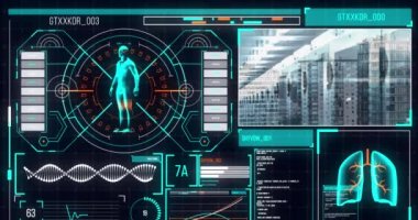 Şehir manzarası ve bilgisayar sunucuları üzerinde tıbbi veri işleme animasyonu. Küresel hesaplama, veri işleme ve ağ konsepti dijital olarak oluşturulmuş video.