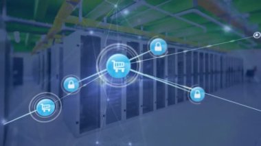 Animation of data network of shopping cart and padlock icons over computer server room. Global communication, business network and data security concept digitally generated video.