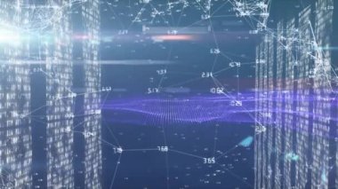 Animation of network connecting dots with financial data, wireframe pattern on digital interface. Digital composite, technology, artificial intelligence, connection, networking, data, coding.