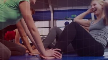 Animation of statistics and data processing over fit diverse people doing crunches. Exercising. Sports, exercise, fitness and data processing concept digitally generated video.