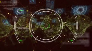 Animation of finance data, dna structure over hud processing on digital interface. Digital composite, artificial intelligence, communication, cloud computing, technology, futuristic, connection.