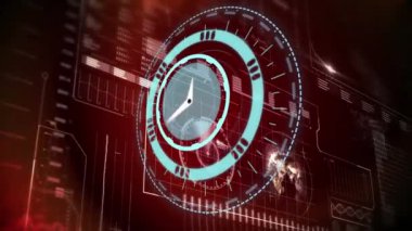 Animation of scope scanning with clock over data processing on red background. global technology, computing and digital interface concept digitally generated video.