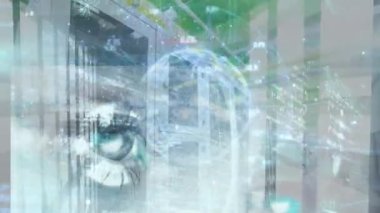 Animation of screens with data processing over spinning globe against computer server room. Computer interface and business data storage technology concept