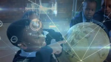 Animation of network of connections with icons over african american pupils with globe at school. learning geography, education, connections and technology concept digitally generated video.