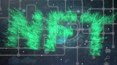 Animation of nft text and network of connections against round scanner and world map. Cryptocurrency and business technology concept