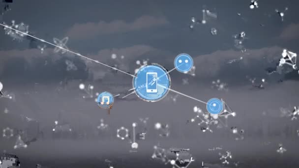 Animation Digital Molecules Music Phone Icons Interconnecting Lines Hologram Digitally — Stockvideo