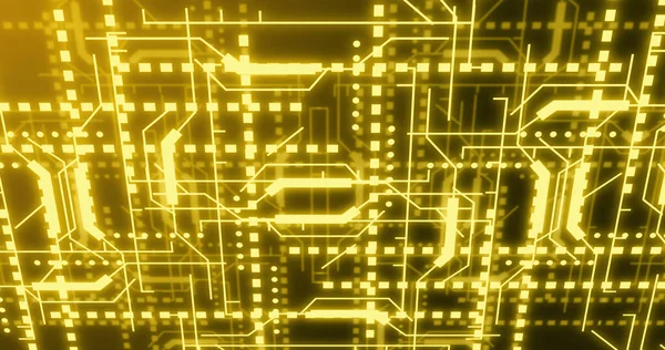 Image Neon Integrated Circuit Yellow Background Electronics Signal Data Processing — Fotografia de Stock