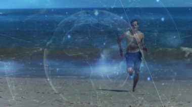 Animation of network of connections and data processing over fit woman running. Connection technology and digital interface concept digitally generated video.