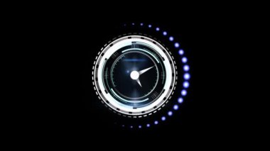 Animation of clock moving over black space with dots. Digital screen, interface, time and technology concept digitally generated video.