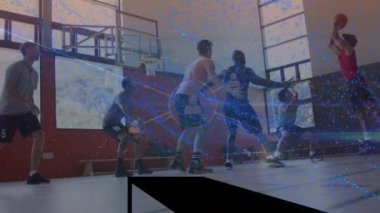 Animation of network of people icons and data over diverse male basketball team training indoors. Communication network, sport, competition and digital interface concept digitally generated video.