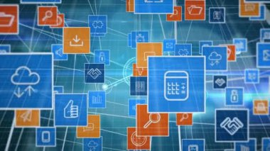 Animation of network of connections with icons over blue background. global business, computing and digital interface concept digitally generated video.