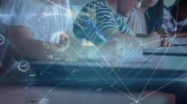 Animation of network of connections over diverse pupils in classroom. School, education, connections and network concept digitally generated video.