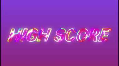 Animation of colorful high score text glowing over purple background, copy space. Digitally generated, abstract, illuminated, video game, arcade, achievement and competition concept.