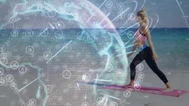 Animation of globe and icons over caucasian woman exercising at beach. Global sport and digital interface concept digitally generated video.