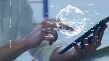 Animation of globe of network of connections over caucasian businesswoman using tablet. global business, connections, technology and digital interface concept digitally generated video.