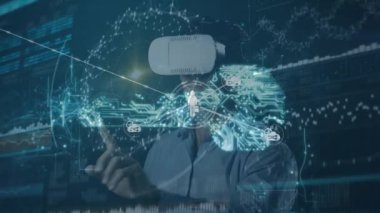 Animation of data, connections and digital key over caucasian man in vr headset. Data processing, digital safety and virtual reality concept digitally generated video.