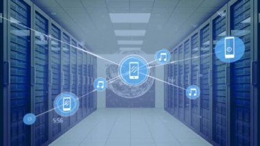 Animation of network of media icons exchanging data over computer server room. Global communication, business, data and digital interface concept digitally generated video.