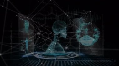Animation of network of connections over data processing on black background. global technology, data processing and connections concept digitally generated video.