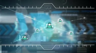 Animation of statistics, data processing and network of connections with people icons. Global connections, networks, digital interface and data processing concept digitally generated video.