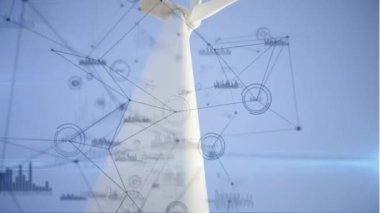 Animation of network of connections and data processing over male architect standing on a windmill. Global networking and renewable energy technology concept