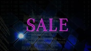 Animation of sale pink text over blue glowing squares. Sales, retail, savings, colour, movement and communication concept digitally generated video.