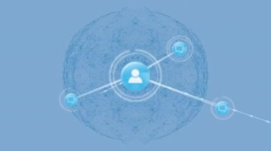 Animation of network of connections with icons over shapes on white background. Global connections, computing and digital interface concept digitally generated video.