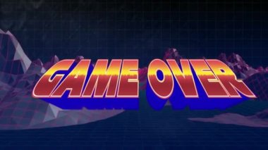 Animation of game over over metaverse landscape on black background. video games, communication and entertainment concept digitally generated video.