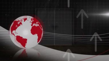 Animation of globe and arrows over door. Global business and digital interface concept digitally generated video.