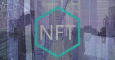 Animation of nft logo over computer server room. Global business, finance, non fungible tokens and cryptocurrency concept digitally generated video.