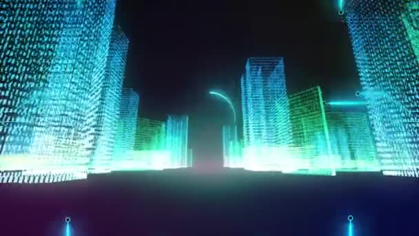 Animation Integrated Circuit Metaverse Cityscape Black Background Digital Screen Interface — Video Stock