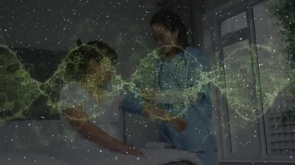 Animation Hélice Adn Neige Vectorielle Tombant Sur Médecin Asiatique Vérifiant — Video
