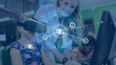 Animation of network of connections over caucasian schoolgirl using vr headset. Global education, cloud computing, technology, data processing and networks concept digitally generated video.