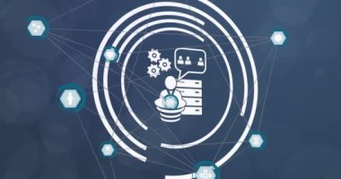 Animation of network of digital icons against spots of light on blue background. Global networking and business technology concept