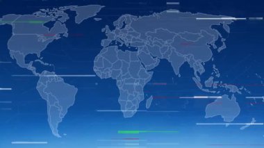 Animation of glitch over world map on blue background. Media, television, communication and information concept digitally generated video.