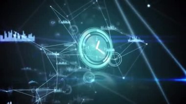 Animation of moving clock over network of connections with data processing on black background. Global technology, connections and digital interface concept digitally generated video.