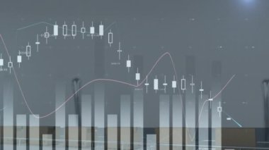 Animation of graphs and financial data over packages in warehouse. Business, finance, money and delivery services concept digitally generated video.