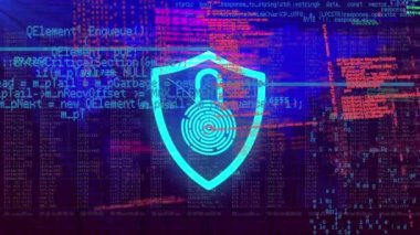 Animation of digital screen with data processing, digital shield with padlock and world map. Digital interface, safety, security and technology concept digitally generated video.
