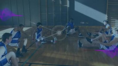 Animation of network and purple waves over diverse male sports team training in gym. Communication network, sport, competition and digital interface concept digitally generated video.