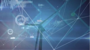 Animation of network of connections and data processing over spinning windmill against blue sky. Global networking and renewable energy technology concept