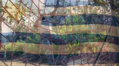 Engelli yarış eğitimi sırasında Arjantin bayrağının beyaz kadın üzerinde canlandırılması. Ulusal spor, etkinlik ve vatanseverlik kavramı dijital olarak oluşturulmuş video.