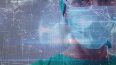 Animation of connecting dots and computer coding with caucasian female surgeon wearing face mask. Computer graphic, medical occupation, healthcare, futuristic, networking, abstract, coding.