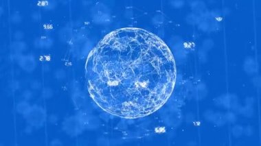 Animation of dna strand, covid 19 cells over globe on blue background. Global covid 19 pandemic, health and data processing concept digitally generated video.