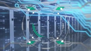 Animation of processing circle and integrated circuit over servers. Computers, network, data processing and technology concept digitally generated video.