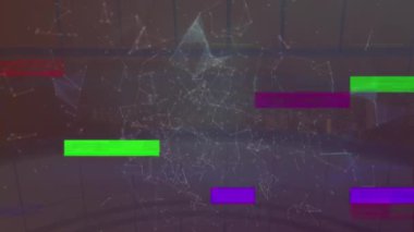 Animation of screen with glitch, globe and connections on navy background. global connections, technology and digital interface concept digitally generated video.