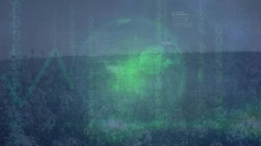 Animation of data processing over spinning globe against aerial view of forest. Global finance and business technology concept